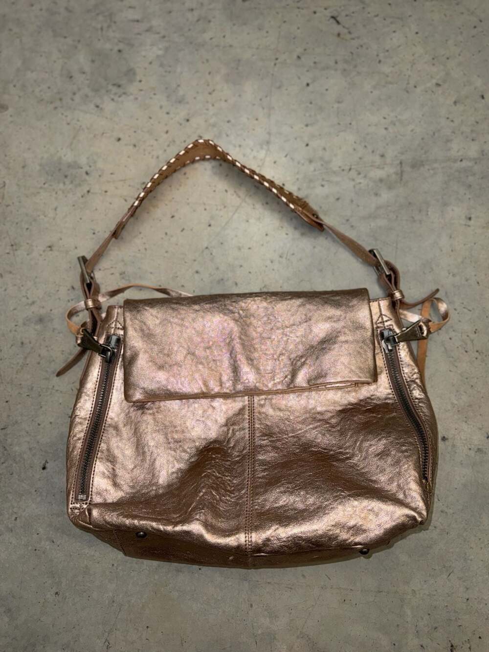 Aimee Kestenberg Bali Double Entry Metallic Pink Leather Hobo Shoulder Bag